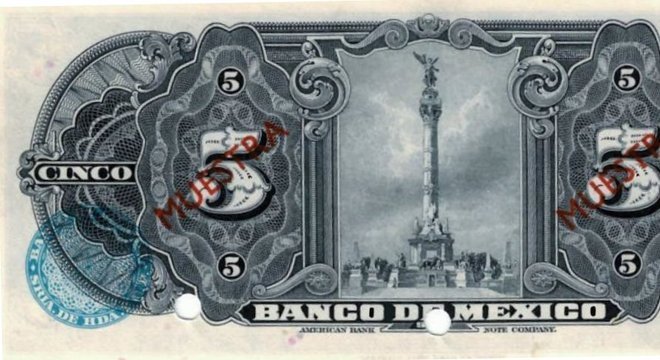 Verso da primeira nota de 5 pesos mostra monumento da independência mexicana