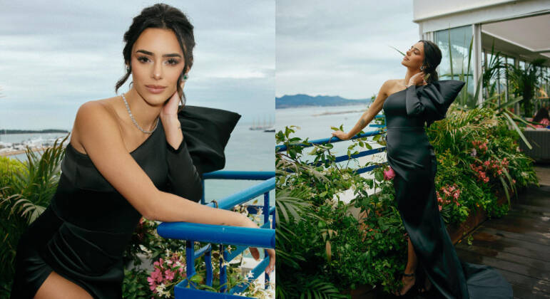 Ainda em Cannes, Bruna optou por longo preto assinado por Eman Alajlan, designer da Arábia Saudita. O vestido tem fenda reveladora lateral, um ombro só e detalhe de laço na manga