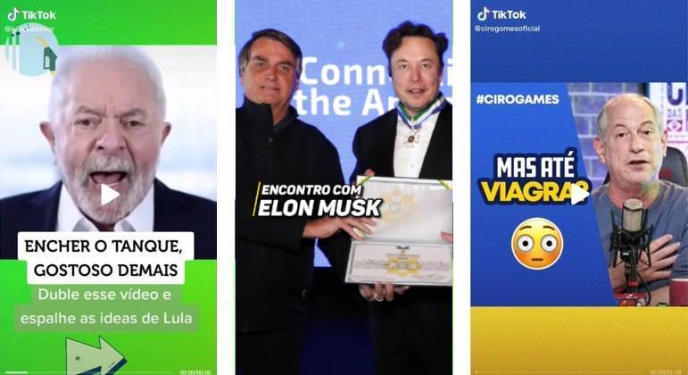Vídeos do TikTok das contas de Lula, Bolsonaro e Ciro Gomes
