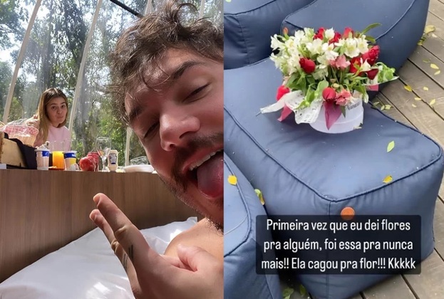 No dia do pedido de namoro, Eliezer também surpreendeu a amada com um arranjo de flores, mas, na hora de ir embora, Viih acabou se esquecendo do presente. Revoltado, Eli filmou as flores largadas em cima de algumas almofadas: 