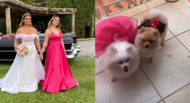 Viih Tube combina vestido com as cachorras de estimação no casamento da mãe