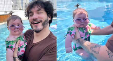 Filha de Viih Tube e Eliezer toma primeira banho de piscina

