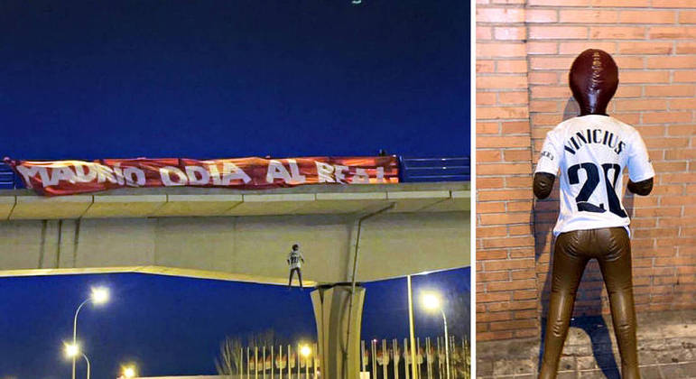 Boneco com a camisa de Vini Jr. 'enforcado' em uma ponte de Madri. Revoltante