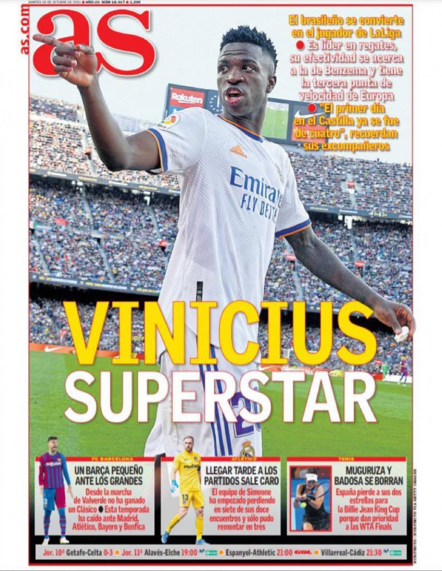 Vinícius Júnior, há três dias, capa do jornal espanhol A. 'O melhor jogador da Liga'