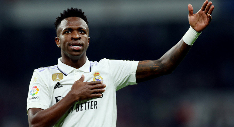 Vinícius Júnior marcou dois gols para o Real Madrid no jogo de ida contra o Liverpool, pela Liga dos Campeões
