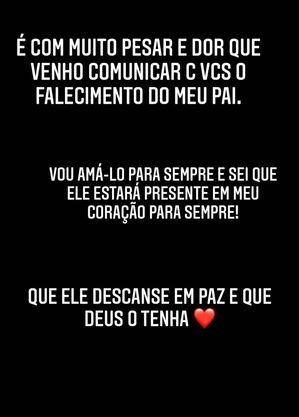 Post de Virginia sobre a morte do pai