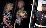 Jill Biden e seu marido, o presidente dos EUA, Joe Biden, esperavam pela primeira-dama ucraniana na entrada da mansão presidencial, onde a presentearam com um buquê de flores