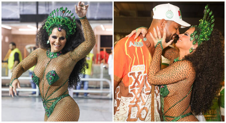 Viviane Araújo participou do ensaio técnico da Mancha Verde na noite deste sábado (4) no Anhembi, em São Paulo. A atriz fez fotos com o marido, Guilherme Militão, com quem trocou bejos antes de entrar na avenida 