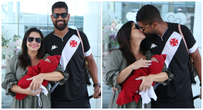 Viviane Araújo e Guilherme Militão deixaram a maternidade com o filho Joaquim