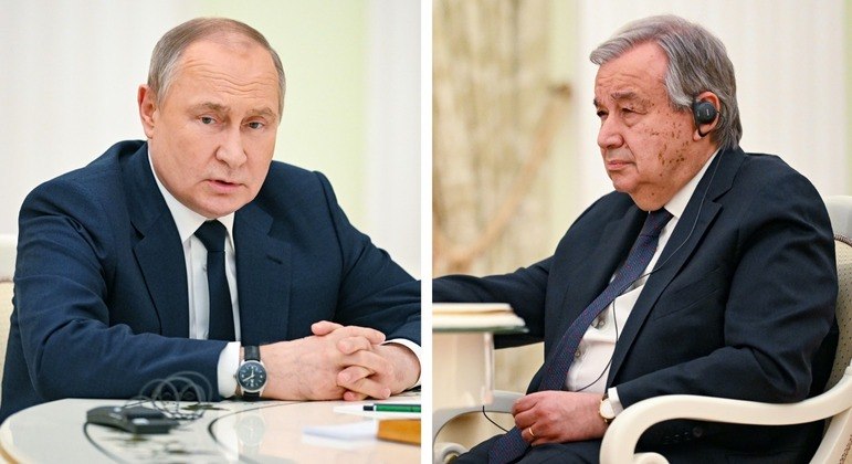 Vladimir Putin (à esq.) e António Guterres (à dir.) em encontro oficial em Moscou
