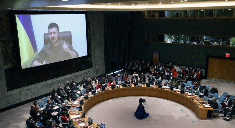 Presidente da Ucrânia Volodmir Zelenski durante fala no Conselho de Segurança da ONU