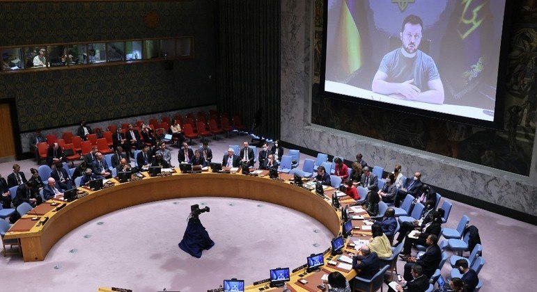 Volodmir Zelenski discursou diante da comissão de segurança da ONU