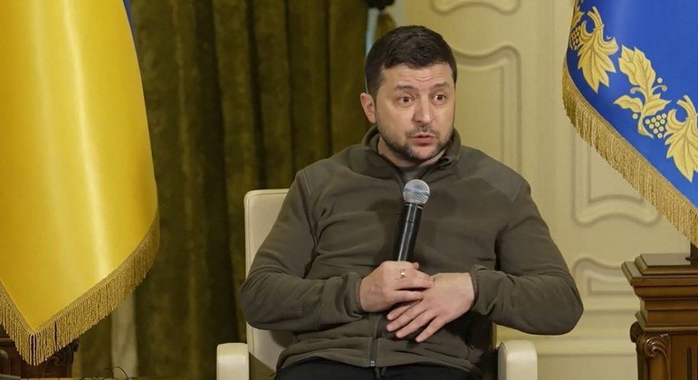 O presidente ucraniano Volodimir Zelenski durante coletiva de imprensa em Kiev