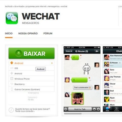 WeChat tentou competir fortemente com o WhatsApp no Brasil há alguns anos, mas tem grande força na China. Ele traz os mesmos recursos dos outros aplicativos citados e tem a possibilidade de se conectar com o Facebook, para encontrar contatos rapidamente.