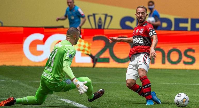 Weverton e Everton Ribeiro durante a Supercopa do Brasil de 2021, entre Flamengo e Palmeiras