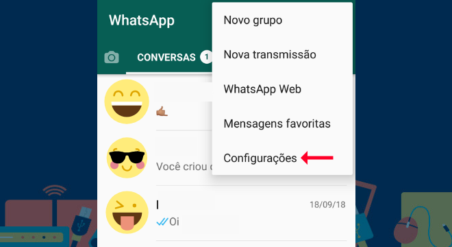 Em um smartphone com sistema operacional Android, abra o aplicativo do WhatsApp e toque nos três pontos no canto superior direito. Em seguida, abra as configurações do aplicativo