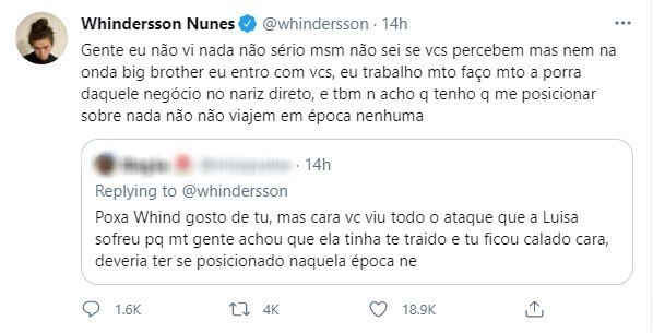 Whindersson Nunes rebate comentário de seguidor
