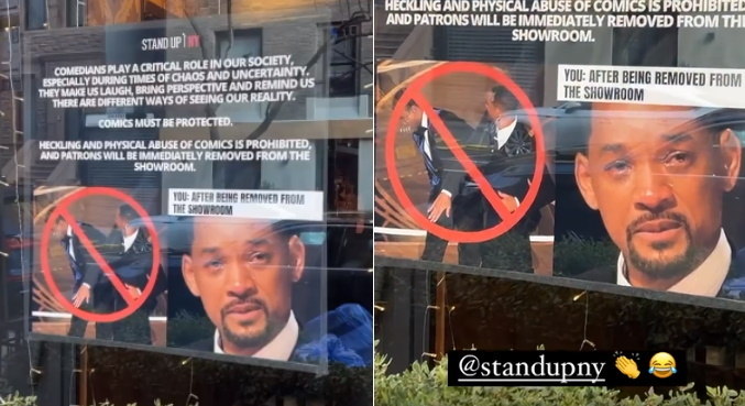 Aviso em vitrine de clube de comédia usa foto do tapa de Will Smith em Chris Rock
