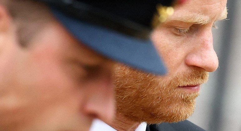 William (à esq.) e Harry (à dir.) durante velório de Elizabeth 2ª