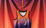 Phoenix Mercury - camiseta número 1: Moldada no gradiente laranja e roxo vívido de um nascer do sol do deserto do Arizona