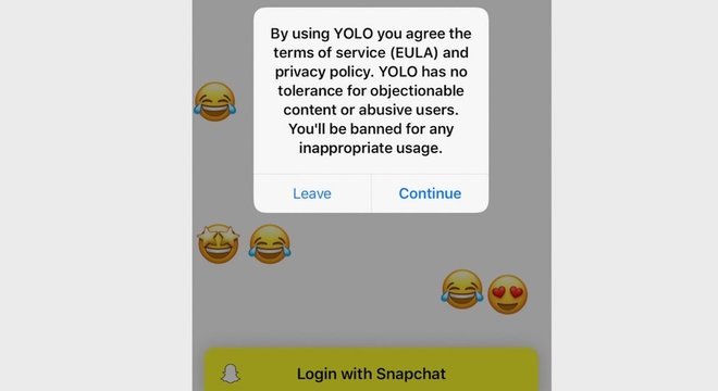 "Yolo não tem tolerância para conteúdo questionável ou usuários abusivos. Você será banido por qualquer uso inapropriado", diz alerta da empresa a usuários que baixam o app