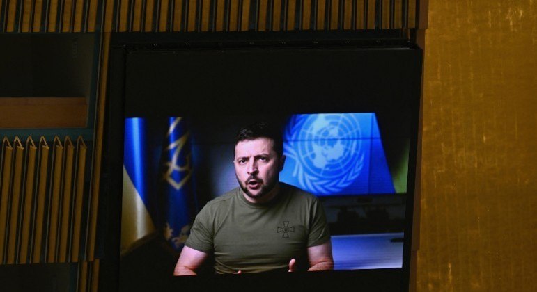 Zelenski durante discurso na Assembleia-Geral da ONU