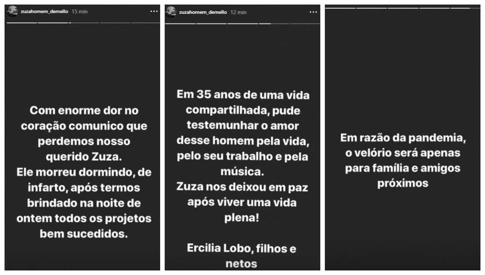 Família comunicou a morte de Zuza no Instagram 